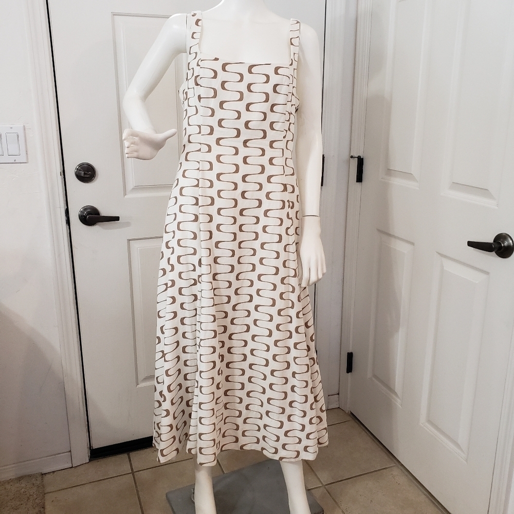 Christian Lacroix White Linen Midi Dress With Brown Waves Print, Size S